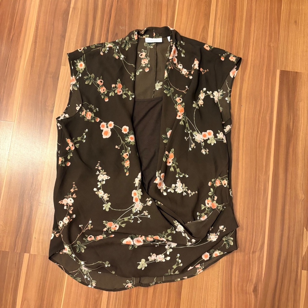 Y2K Girly Twee Brown and Pink Floral Draped Cowl Neck Layered Blouse Size M - Picture 2 of 5